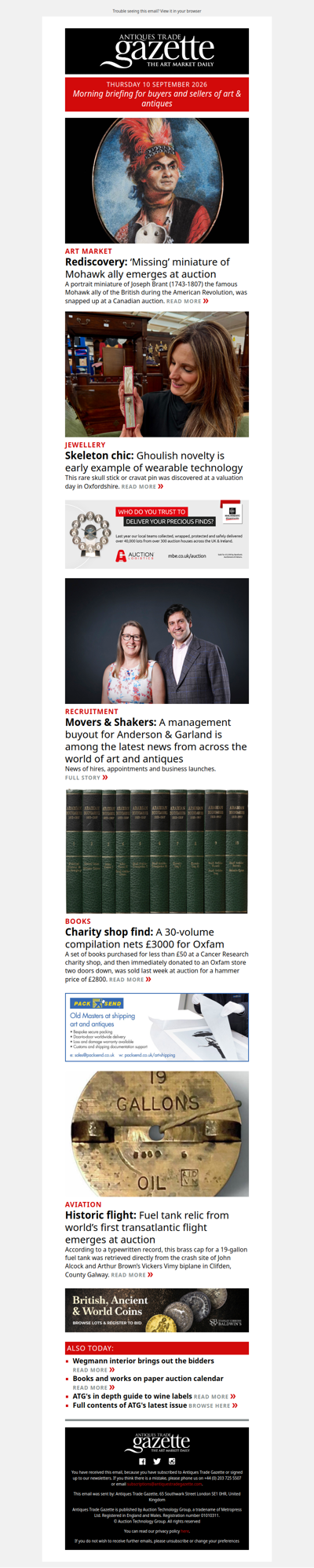 ‘Missing’ miniature of Mohawk ally emerges at auction | Rare skull jewel snapped up | Management buyout at Anderson & Garland | plus more in ATG's morning briefing