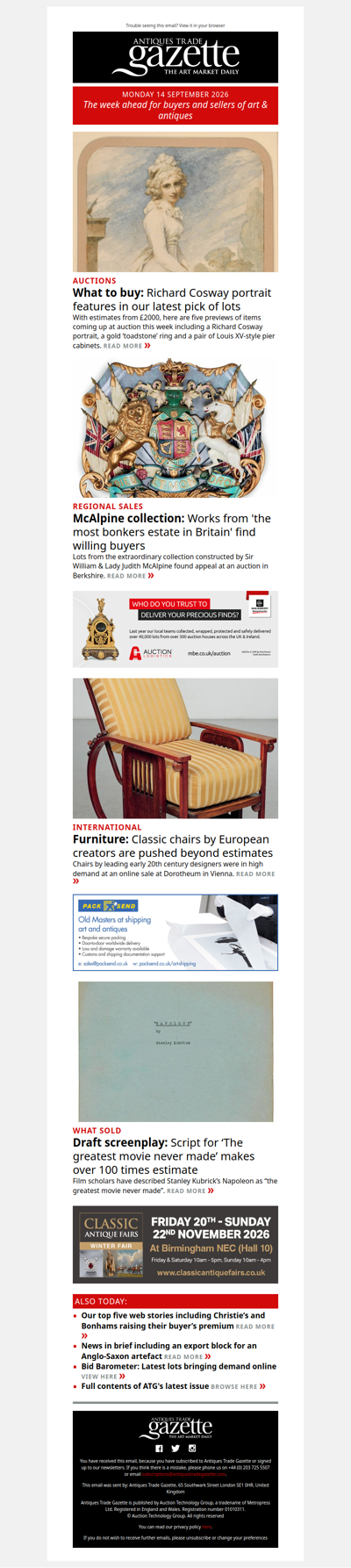 Top lots to watch this week | Full report of the ‘bonkers’ McAlpine auction | Script for ‘The greatest movie never made’ makes 100 times estimate | plus more news and features in ATG's Monday briefing