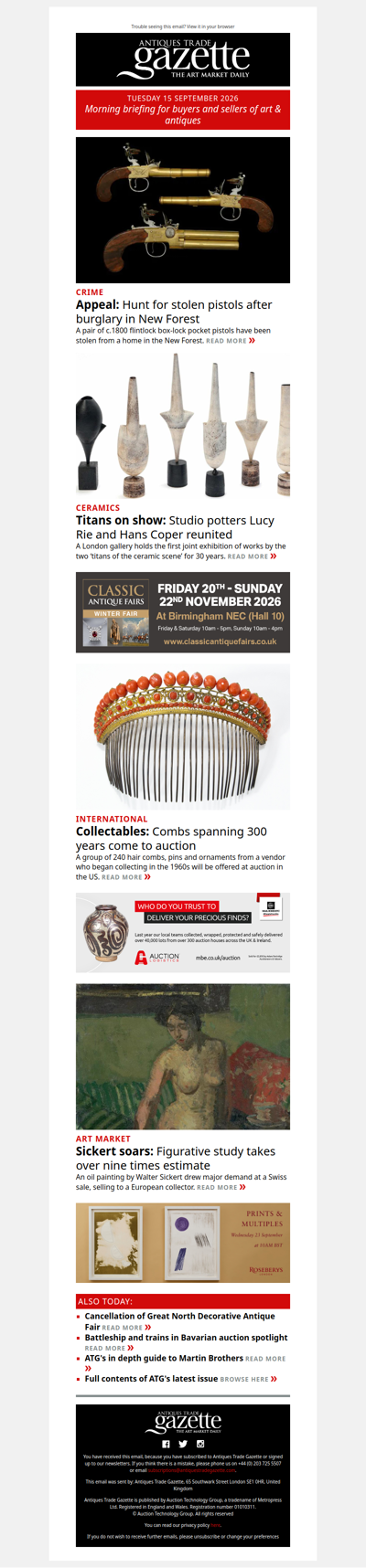 Hunt for stolen pistols after New Forest theft | Ceramic ‘titans’ Lucy Rie and Hans Coper reunited | Extraordinary collection of antique hair combs comes to auction | plus more news and features in ATG's morning briefing