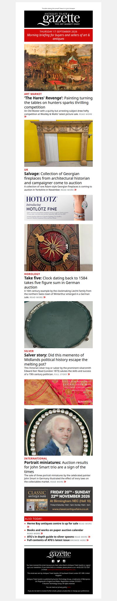 Thrilling competition for ‘freaky’ Old Master | Georgian fireplace collection emerges in Yorkshire | 16th century clock takes five-figure sum | plus more in ATG's morning briefing