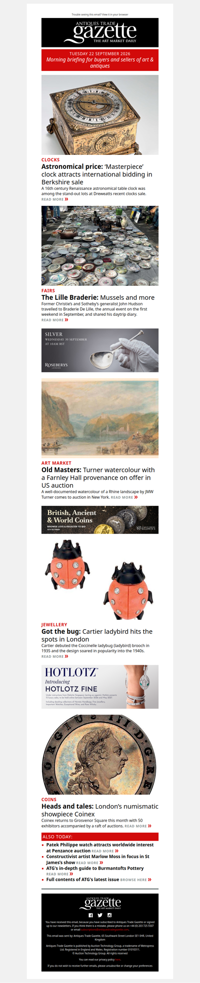 Astronomical ‘Masterpiece’ clock attracts international bidders | Turner watercolour with Farnley Hall provenance emerges in US sale | John Hudson’s diary of his Lille Braderie day trip | plus more news and features in ATG's morning briefing