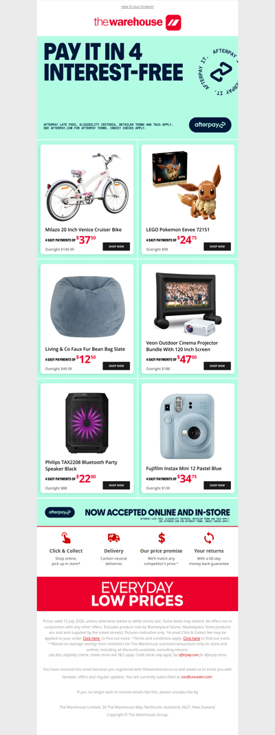 Pay it in 4 interest free with Afterpay at The Warehouse