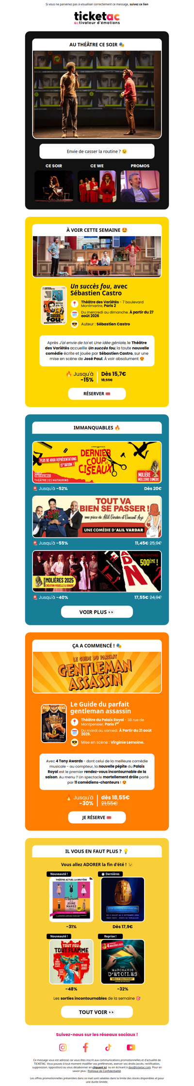 🎭 Théâtre : nos offres -15%, -30%, -55% !