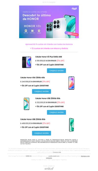 ¡Celulares HONOR hasta 12 cuotas + Cupón de Descuento!