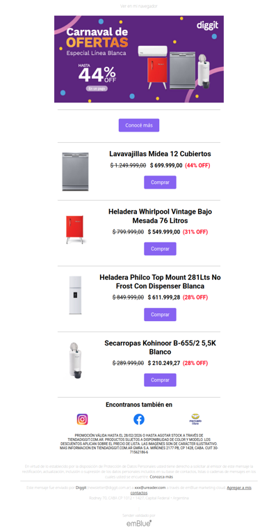 Carnaval de Ofertas: Especial LÍNEA BLANCA en Diggit 💣💣 Hasta 44% OFF EN UN PAGO