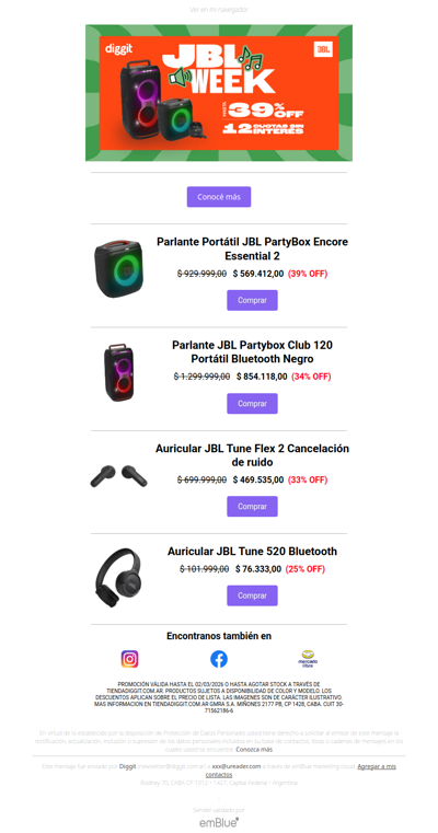 ¡Llegó la JBL Week a Diggit!  🎶 Llevá lo mejor del audio con hasta 39% OFF y 12 cuotas sin interés
