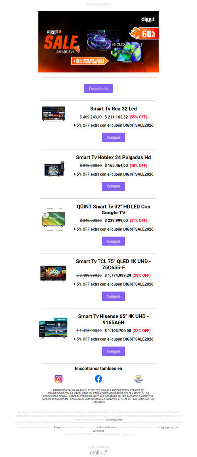 ¡Sigue el Diggit Sale! Aprovechá hasta 60% OFF en TVs + 5% OFF con el cupón DIGGITSALE2026 💣 🔥