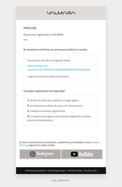 Confirma tu cuenta en VALMARA en VALMARA