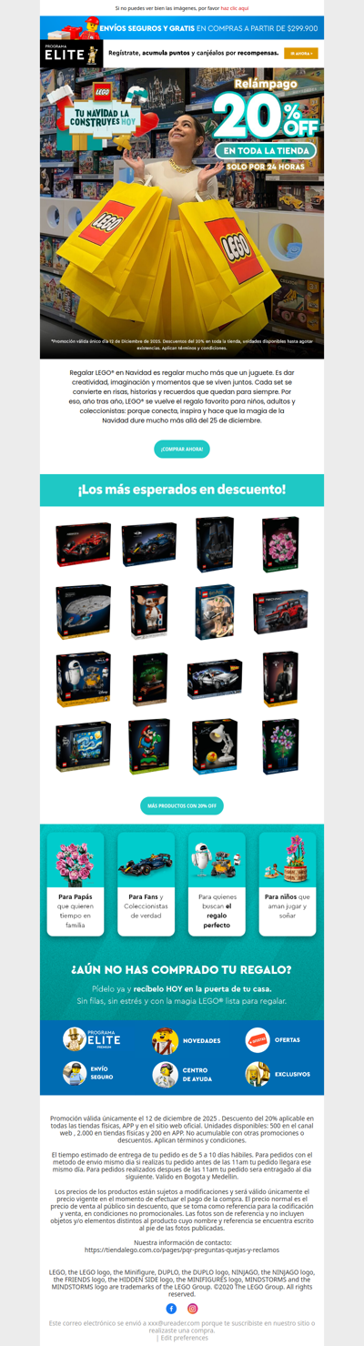 🎄⚡ ¡SOLO HOY! 20% OFF en toda la tienda LEGO®