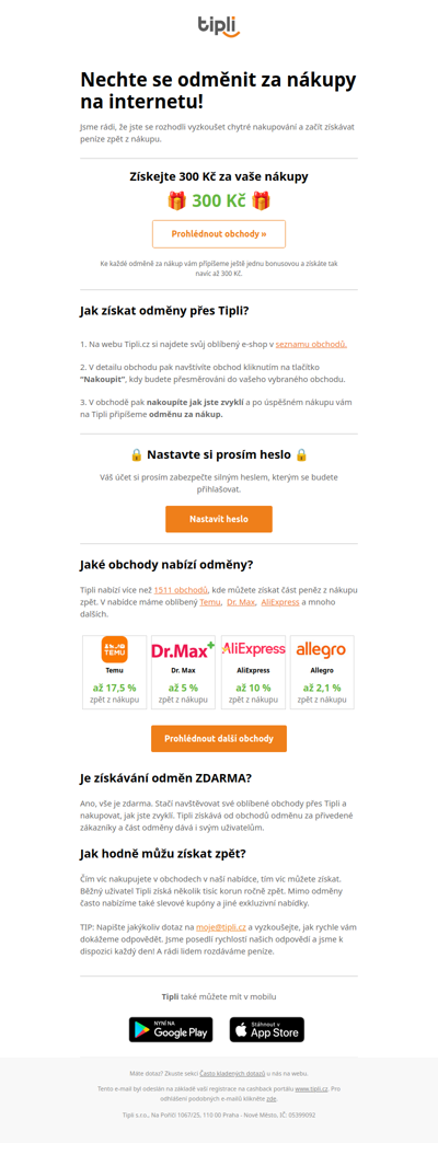 Vítejte v Tipli. Odměny z 1511 e-shopů už čekají + 300 Kč navíc!