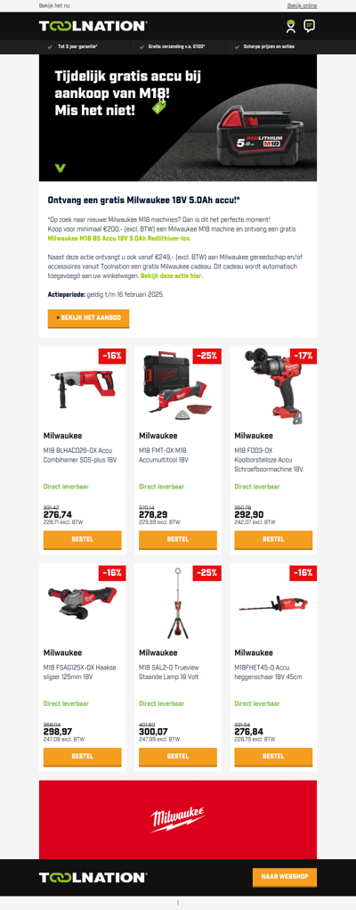 🎁 Nieuw: Krijg een Gratis 18V Accu bij Milwaukee M18 Machines!*