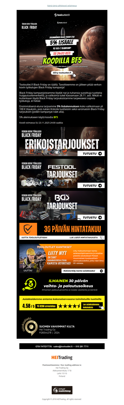 5% lisäalennus yli 100 € tilauksiin ja Black Friday aloitus! ⚫