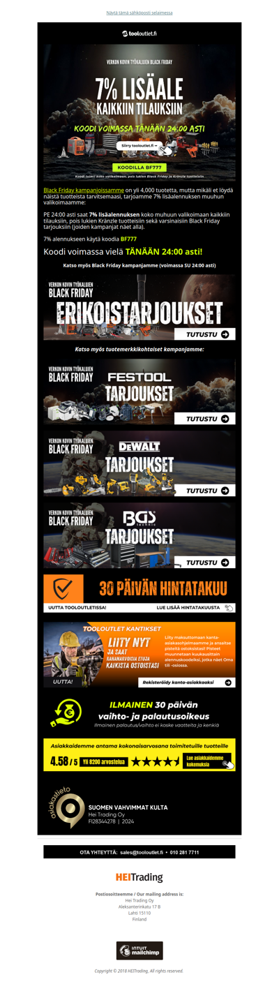 7% lisäale lähes koko valikoimaan vielä tänään 24:00 asti! ⚡