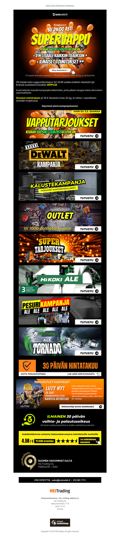 Tooloutlet supervappu - työkalut 5% lisäalella + ilmaiset toimitukset! * 🎈
