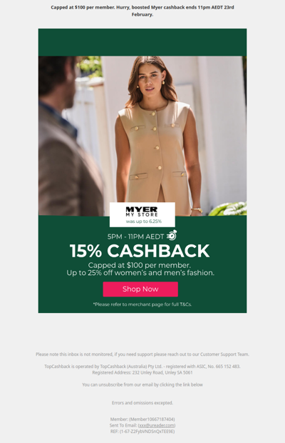 👗 5PM - 11PM ONLY, 15% cashback at Myer 👔