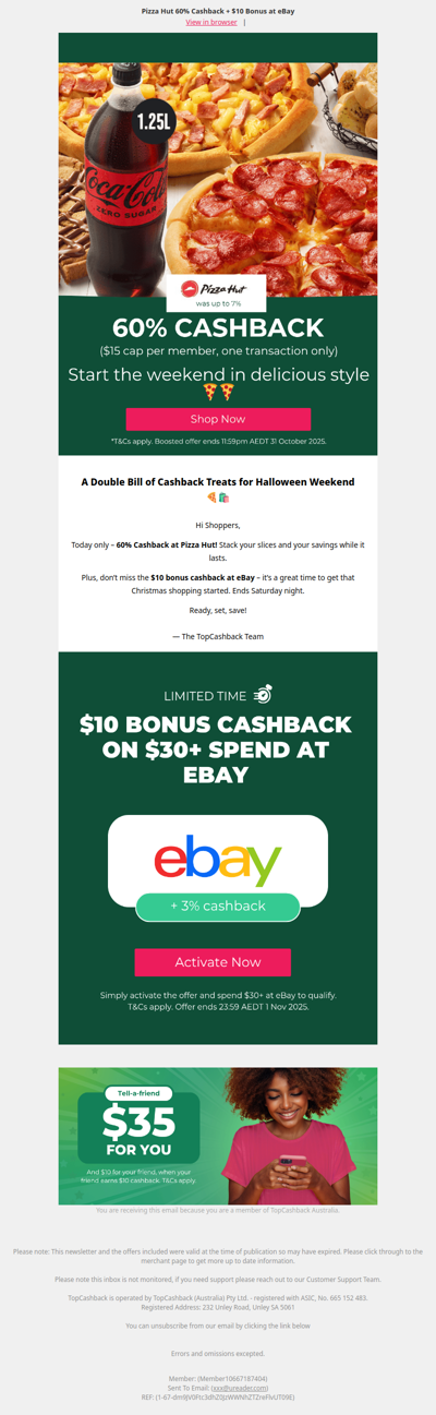 60% Cashback at Pizza Hut + $10 Bonus at eBay 🍕💸