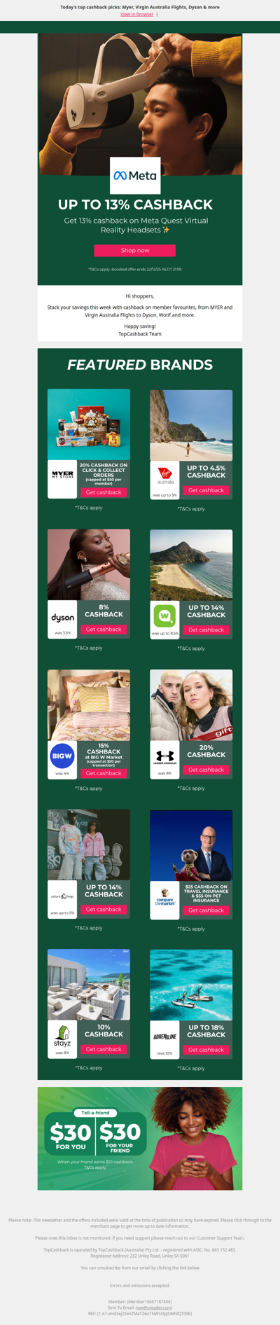 Upsized Cashback on MYER, Virgin Australia, Meta & More...