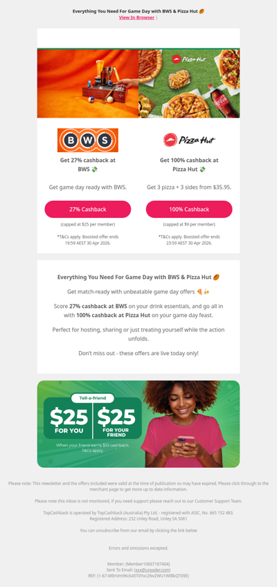 100% Cashback at Pizza Hut & 27% at BWS