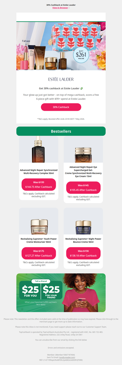 30% Cashback at Estee Lauder + Free Gift Worth $261