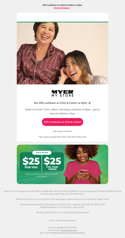 20% Cashback on Myer Click & Collect