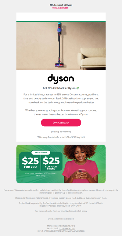 Dyson 20% Cashback + up to 45% off