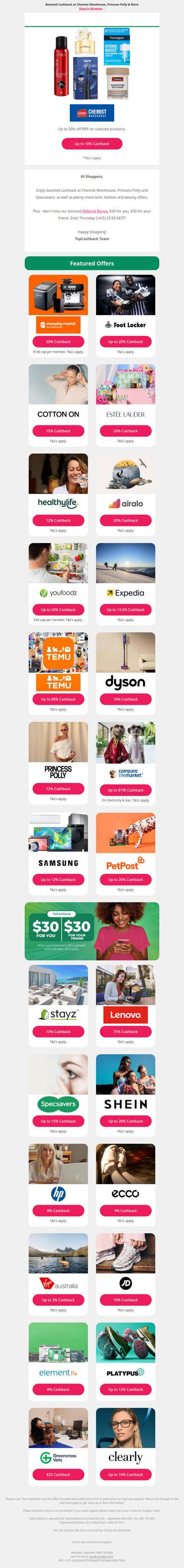 Boosted Cashback at Chemist Warehouse, Princess Polly & More