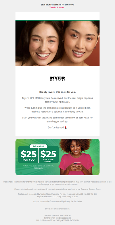 Myer Beauty Sale Is Live. Bigger Cashback Tomorrow.