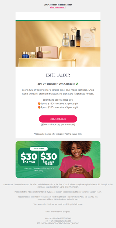 25% Off Estee Lauder + 30% Cashback