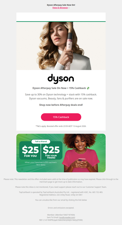 Dyson Afterpay Sale on now + 15% cashback