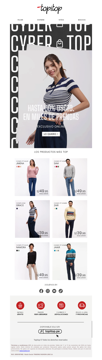 ¡Descuentos Cyber Top!💥 Hasta 60% OFF en tus prendas favoritas🎉