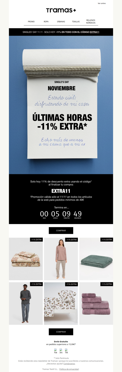 ¡ÚLTIMAS HORAS! -11% EXTRA en todos los pedidos