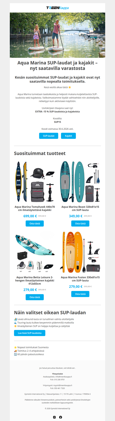 Aqua Marina SUP-laudat ja kajakit nyt varastossa 🌊
