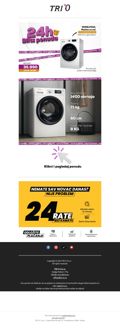Online ekskluziva: Uštedi 13.999 rsd na Whirlpool mašini za veš!