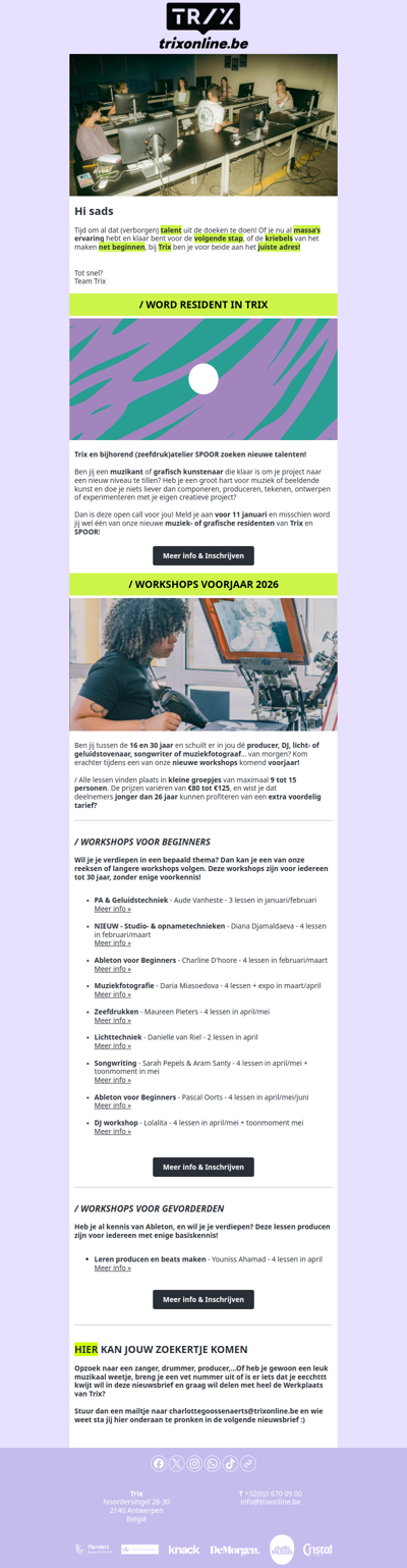 Ontwikkel je talent o’clock! Nieuwe workshops & open call residenties!