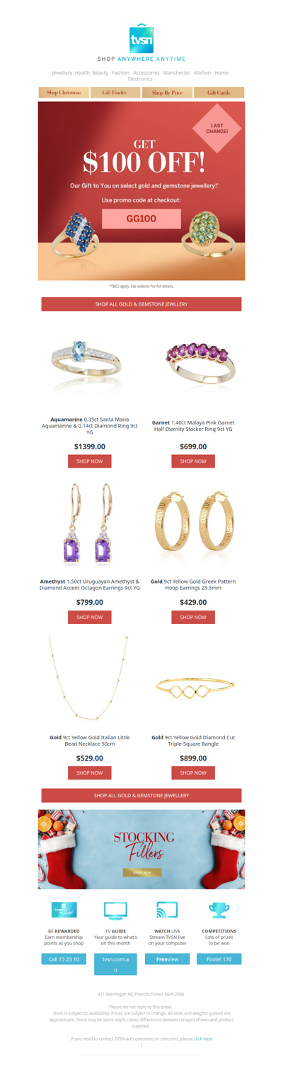 Last Chance! $100 OFF select gold and gemstone jewellery*!