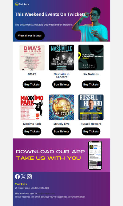 Hi , tickets are available for DMA's, Six Nations and more this weekend 😎