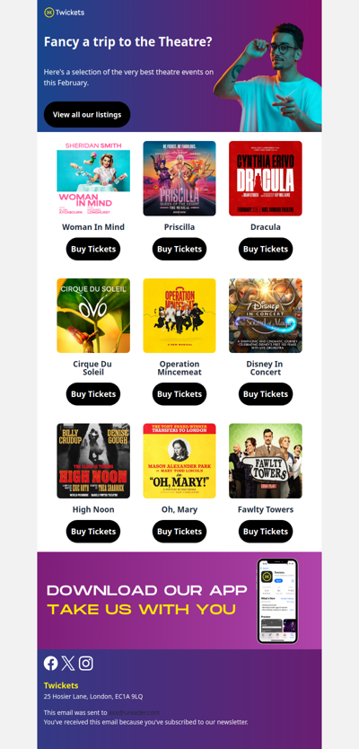 Hi , tickets are available for Woman In Mind, Disney In Concert, Operation Mincemeat and more this month 🎭