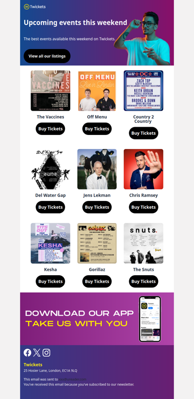 Hi , get tickets for The Vaccines, Kesha, Gorillaz & more this weekend 😈