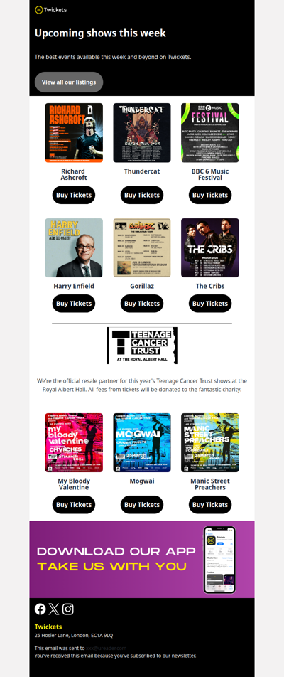 Hi ,  tickets are available for BBC 6 Music Festival, Harry Enfield, Thundercat & more this week 😄