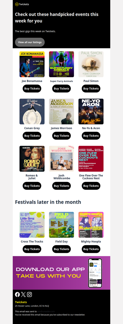 Hi , get tickets for Paul Simon, Ne-Yo & Akon, Josh Widdicombe and more this week 😄
