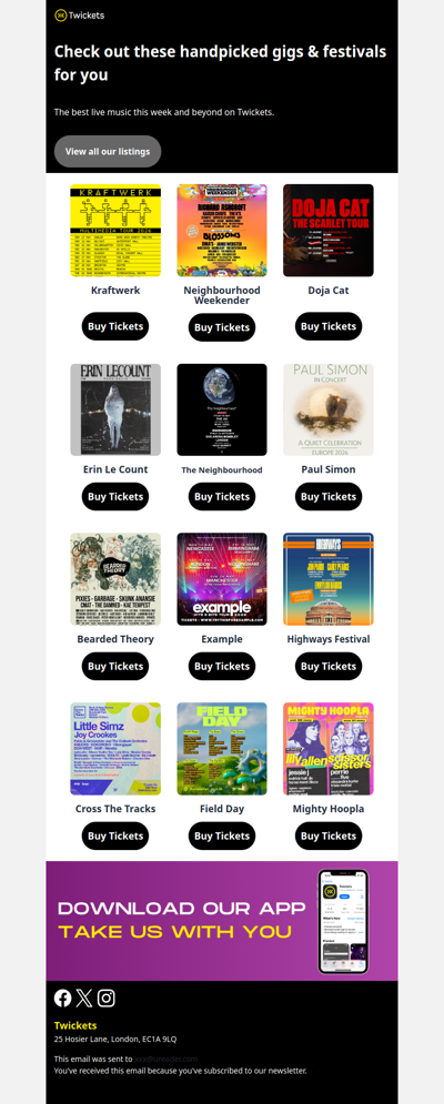 Hi , get tickets for Kraftwerk, Doja Cat, Bearded Theory and more 😄