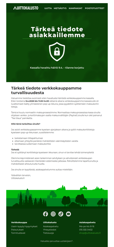 Tärkeä tiedote verkkokauppamme turvallisuudesta