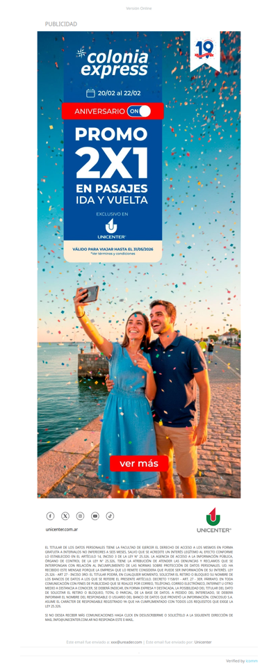 2x1 a Colonia, exclusivo en Unicenter