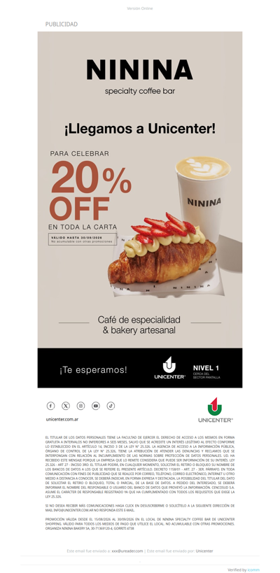 ¡20% OFF para vos! ☕🥐 Vení a Ninina Unicenter