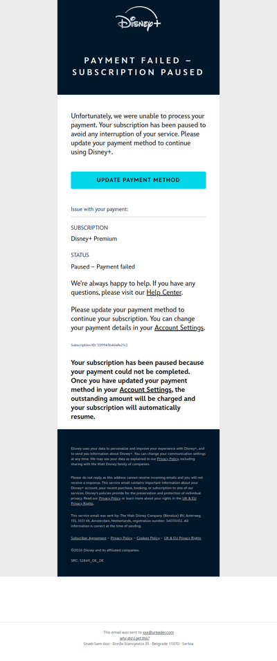 Error en el pago de la suscripción