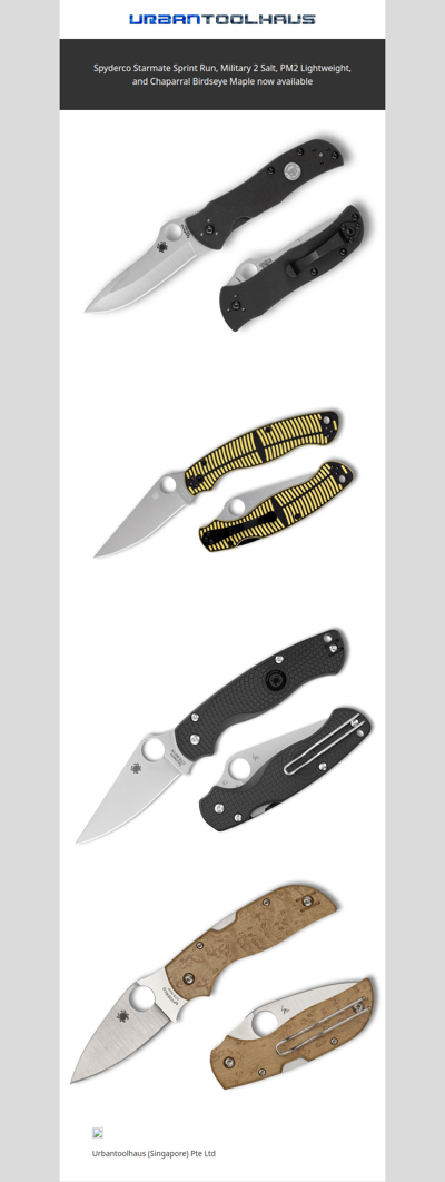Spyderco Starmate Sprint Run, Military 2 Salt, PM2 LW, and Chaparral Birdseye Maple