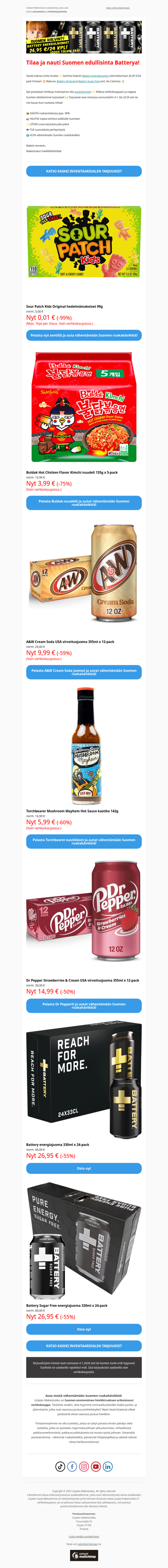 💚 Pelasta Nuudelit -75% 🤩 24 x Battery-tölkkiä 26,95€