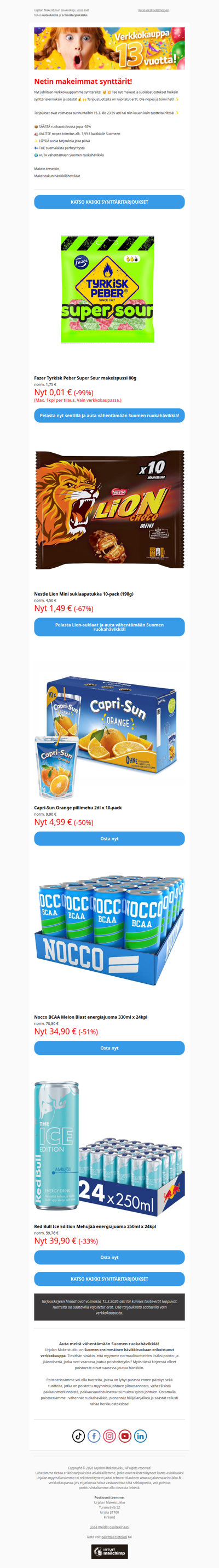 🍫 10 x Lion-patukkaa 1,49€ 😍 -99% Fazer-karkkipussi