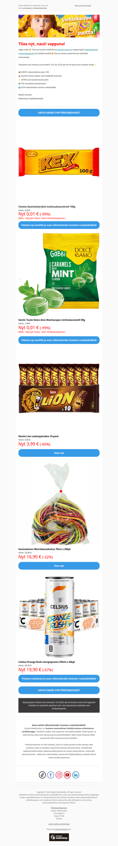 💚 Pelasta Jättisuklaat sentillä 🔥 Tilaa Metrilakut vapuksi