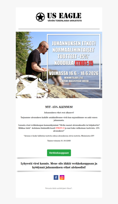 15% alennus US Eaglen juhannus etkoilla!